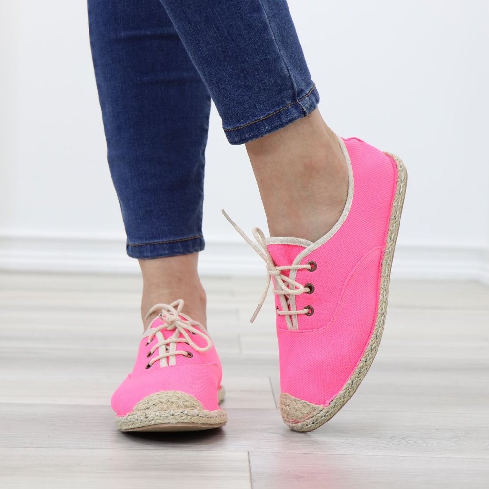Neon Pink Light Weight Fabric Espadrille Flat Sneakers - Picture 10 of 12
